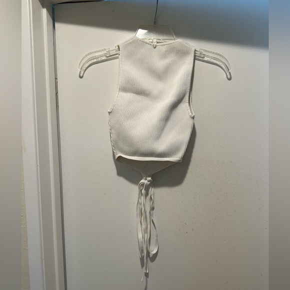 Babaton White Ribbed Knit Top Size 2XS w Tie in Front - Picture 2 of 5